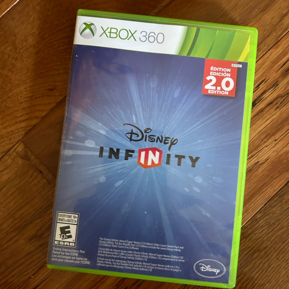 Xbox 360, Disney Infinity 2.0 with disk and the game thing with cord. Toy box.